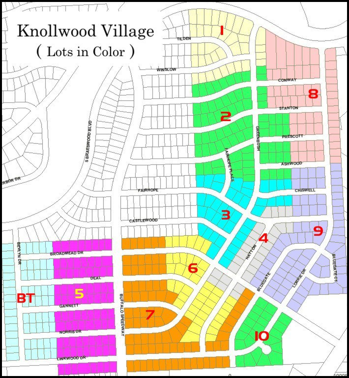 Knollwood Village section map with lots colored by section